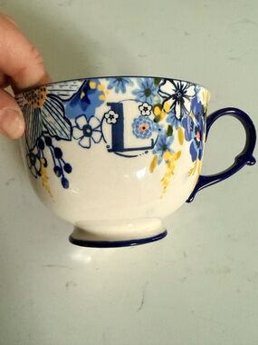 Anthropologie Monogram L Floral Coffee/Tea in Blue and Yellow